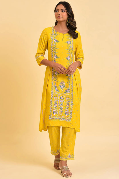 W for Woman Yellow Glitter Printed A-Line kurta