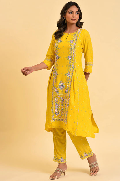 W for Woman Yellow Glitter Printed A-Line kurta