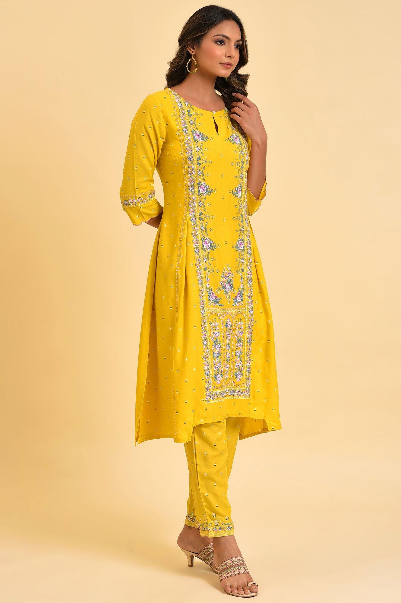 W for Woman Yellow Glitter Printed A-Line kurta