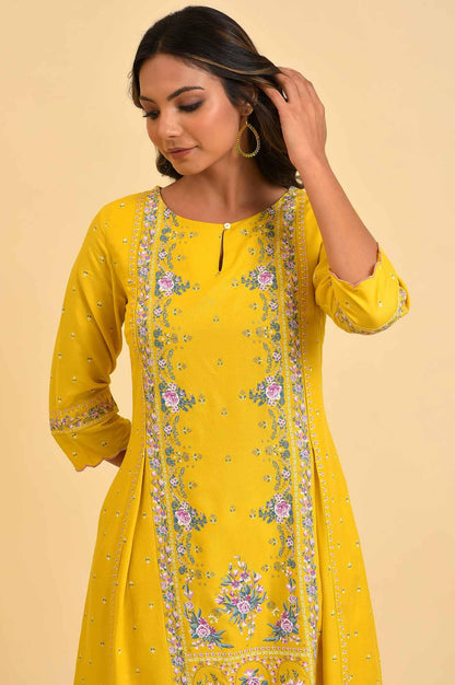 W for Woman Yellow Glitter Printed A-Line kurta
