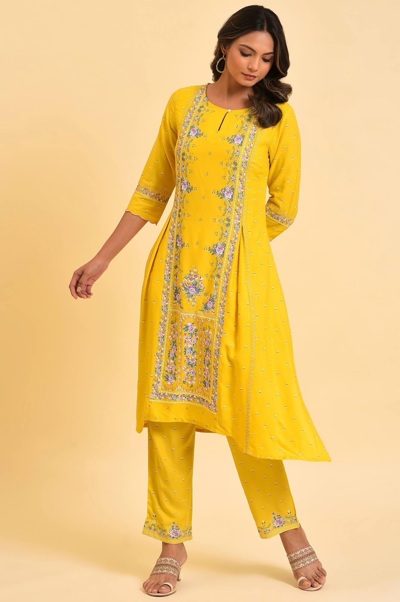 W for Woman Yellow Glitter Printed A-Line kurta