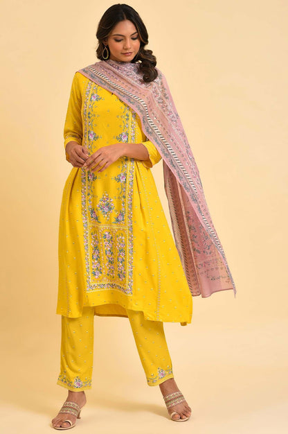 W for Woman Yellow Glitter Printed A-Line kurta