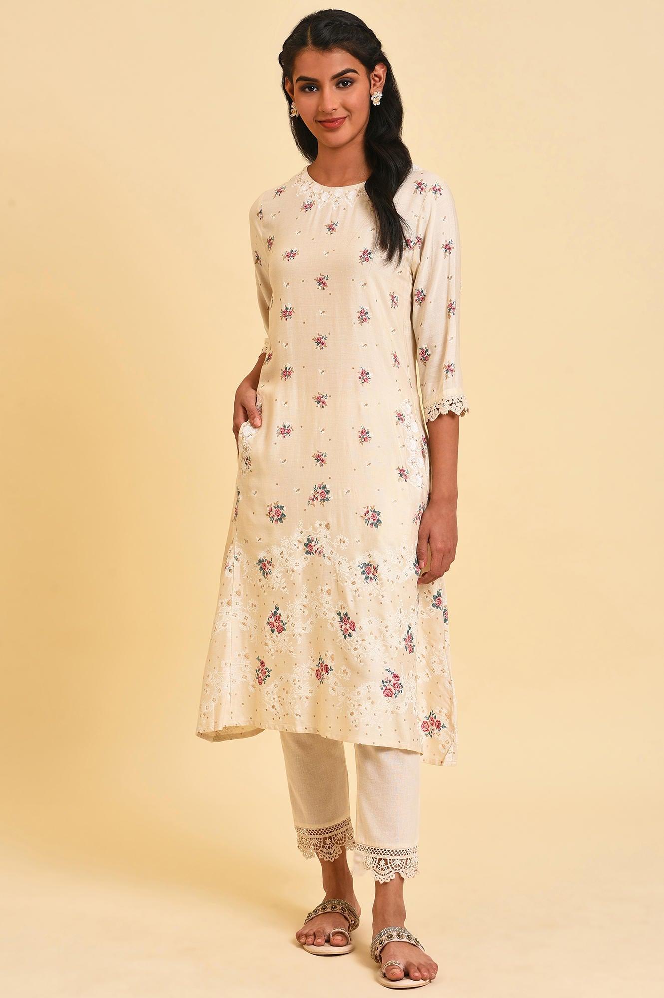 W for Woman Ecru Glitter Floral Print Mix Plus Size kurta