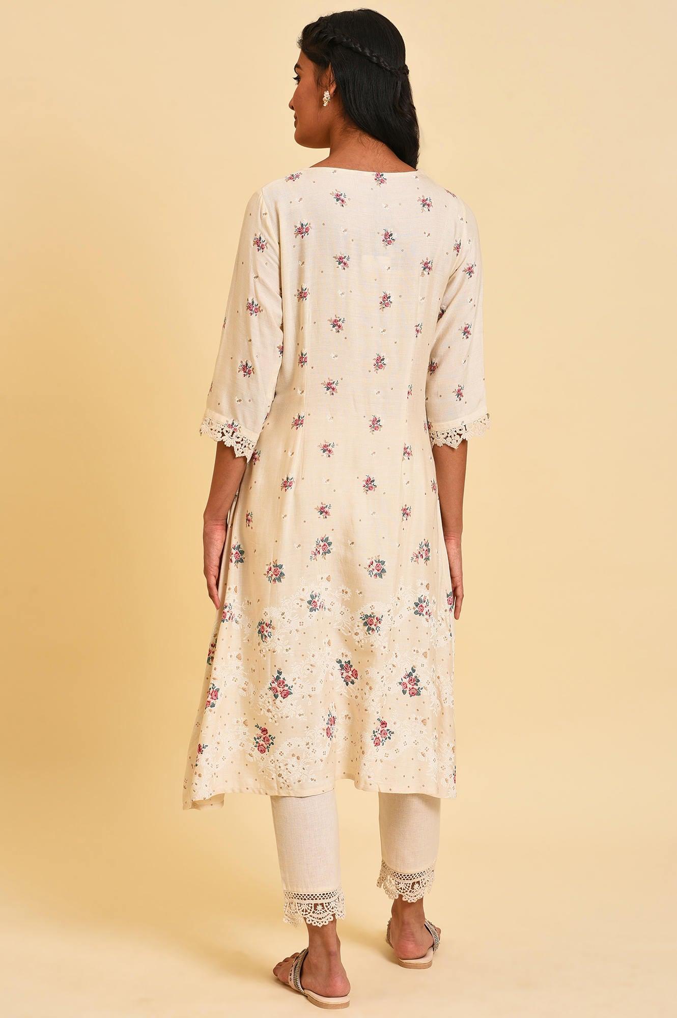 W for Woman Ecru Glitter Floral Print Mix kurta