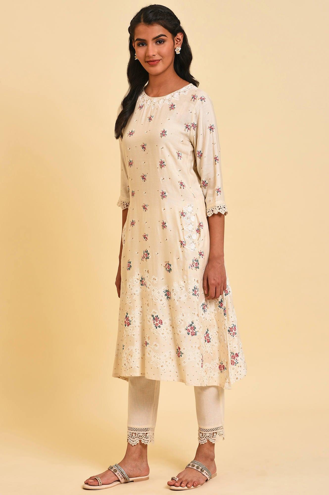 W for Woman Ecru Glitter Floral Print Mix kurta