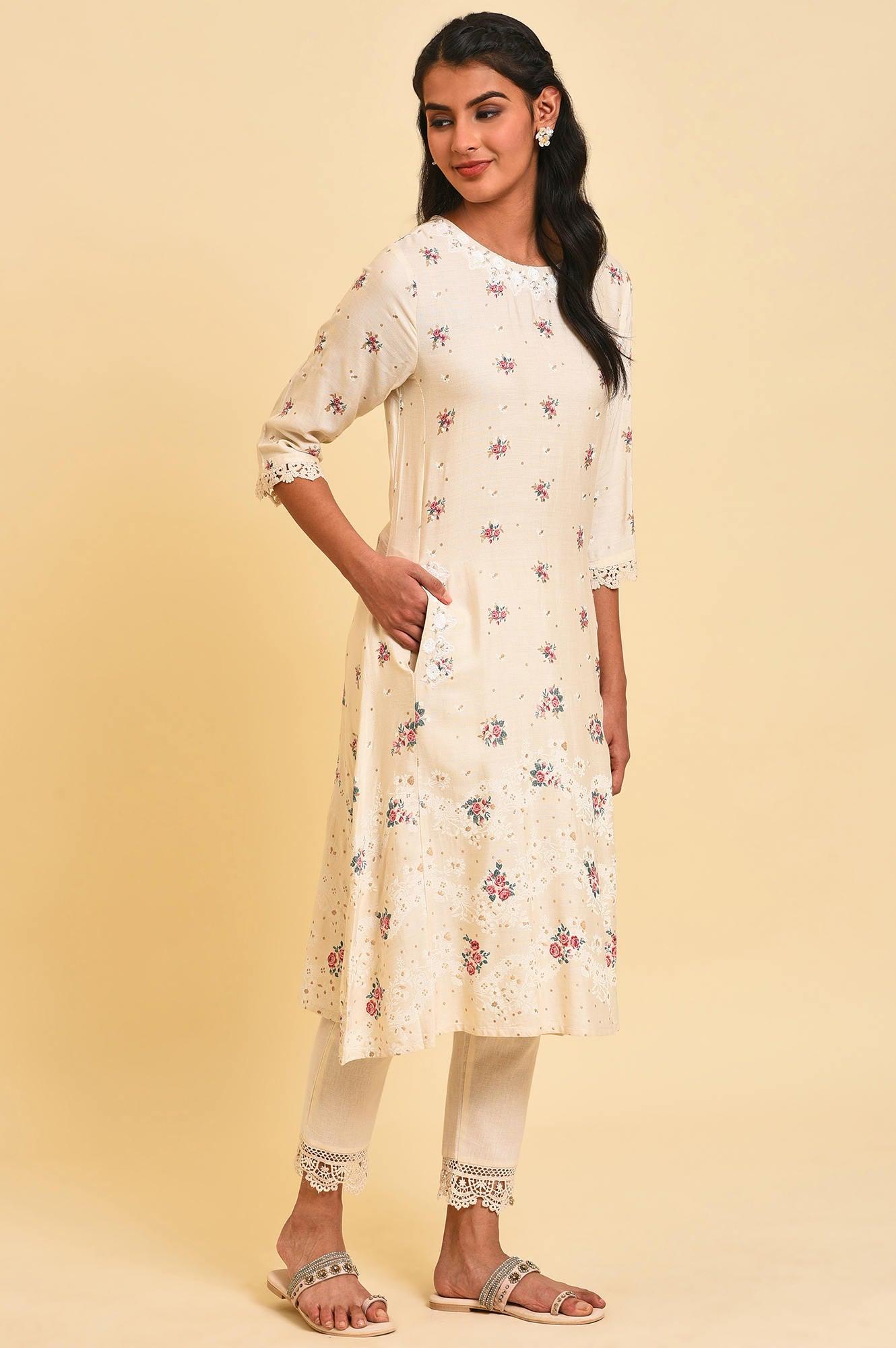 W for Woman Ecru Glitter Floral Print Mix kurta