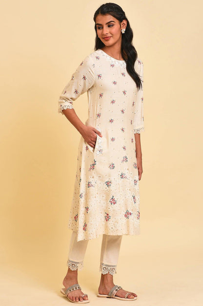 W for Woman Ecru Glitter Floral Print Mix kurta