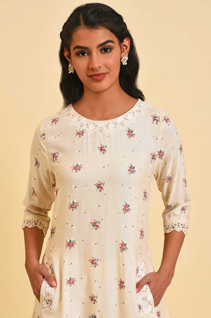 W for Woman Ecru Thread Embroidery Rayon A-line Kurta and Slim Pant Set
