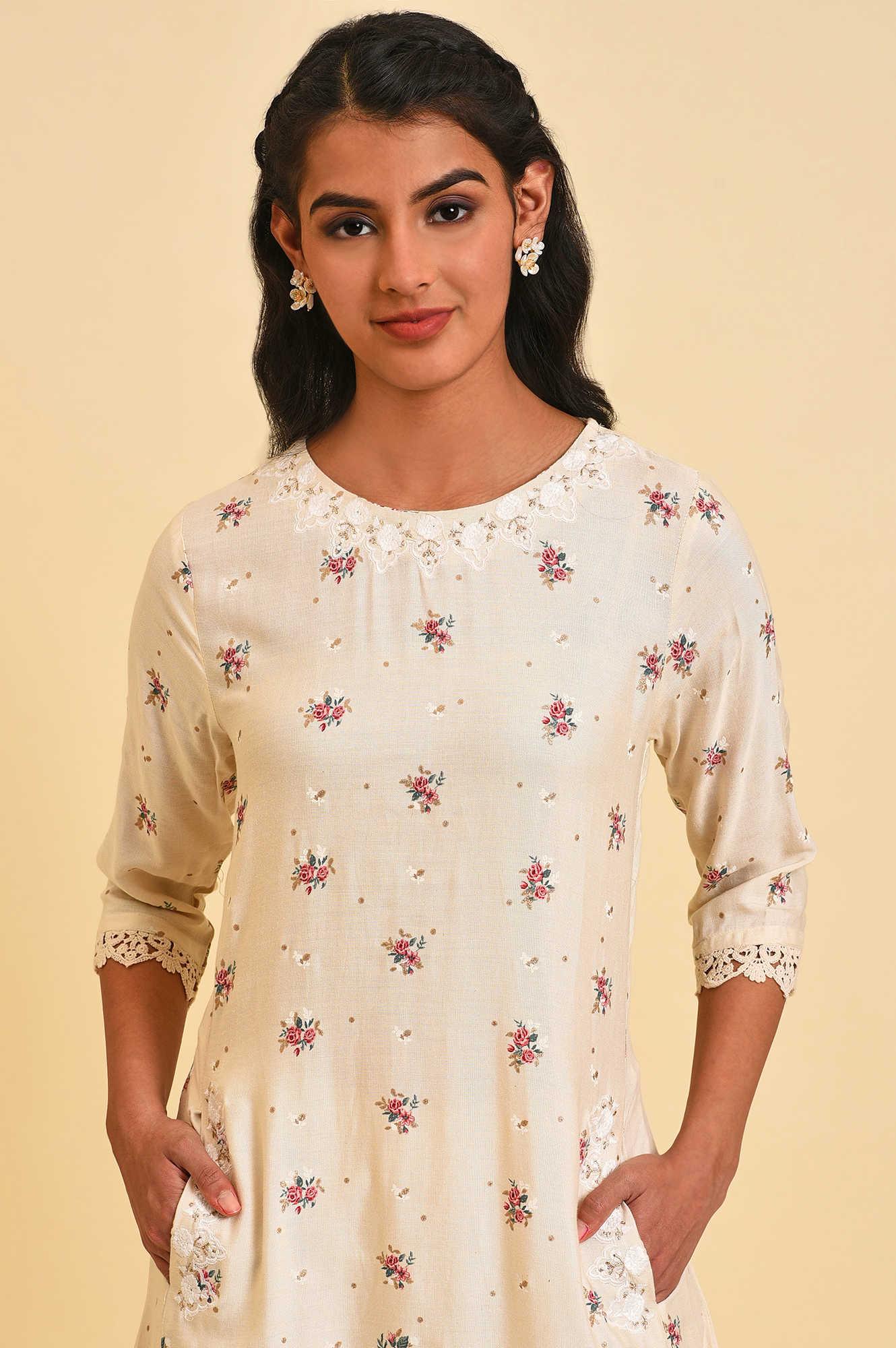 W for Woman Ecru Glitter Floral Print Mix kurta