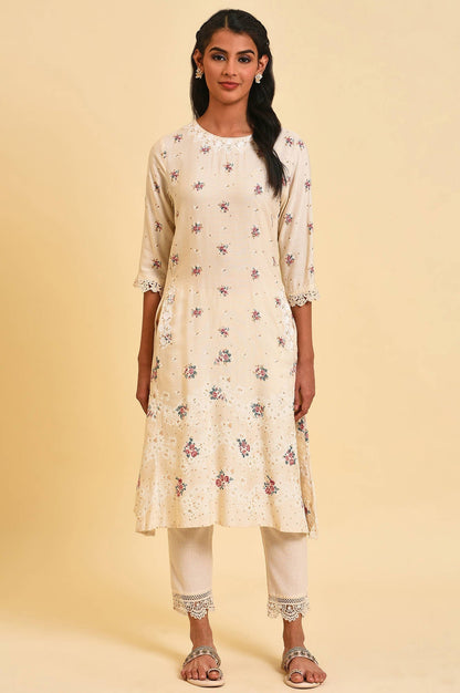 W for Woman Ecru Glitter Floral Print Mix kurta