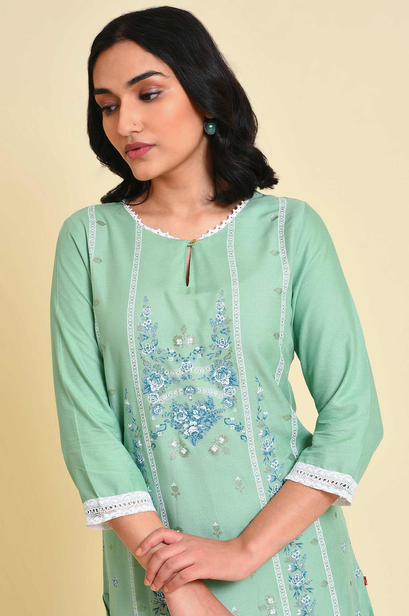 W for Woman Light Green Floral Printed Lace Rayon Straight Kurta and Slim Pant Set