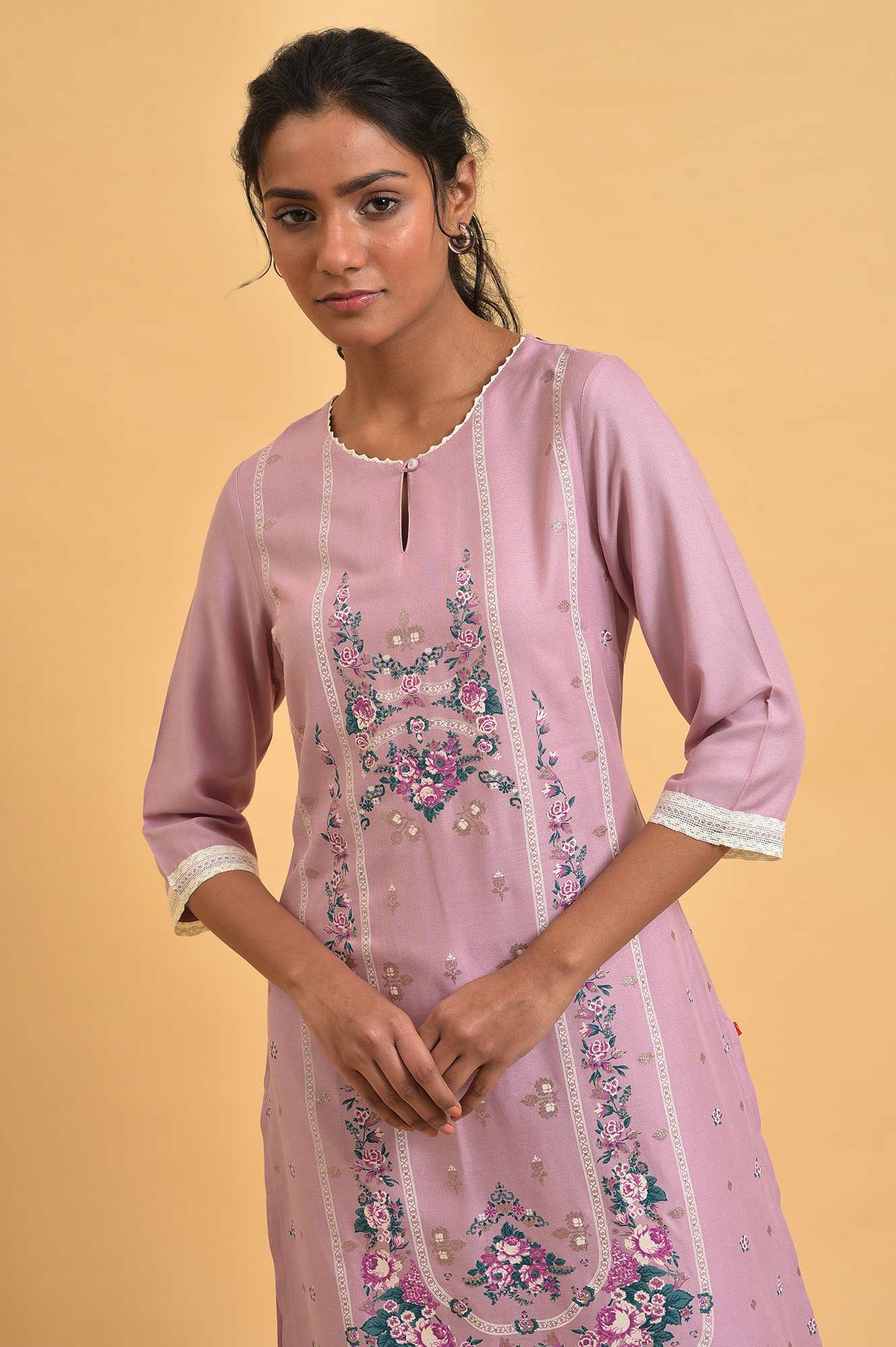 W for Woman Light Purple Floral Printed Lace Rayon Straight Kurta and Parallel Pant Set