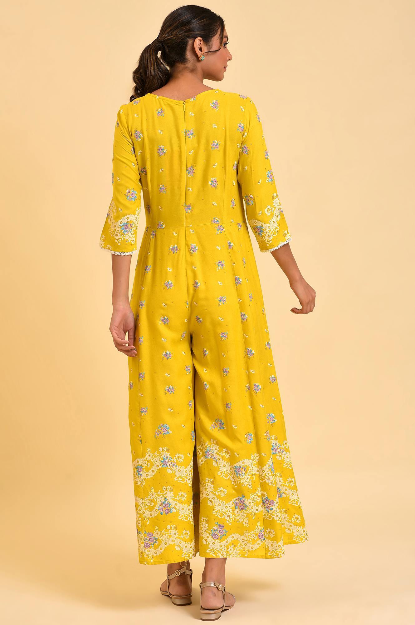 W for Woman Yellow Glitter Printed Angrakha Jumpsuit