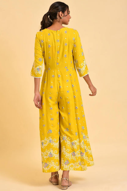 W for Woman Yellow Glitter Printed Angrakha Jumpsuit