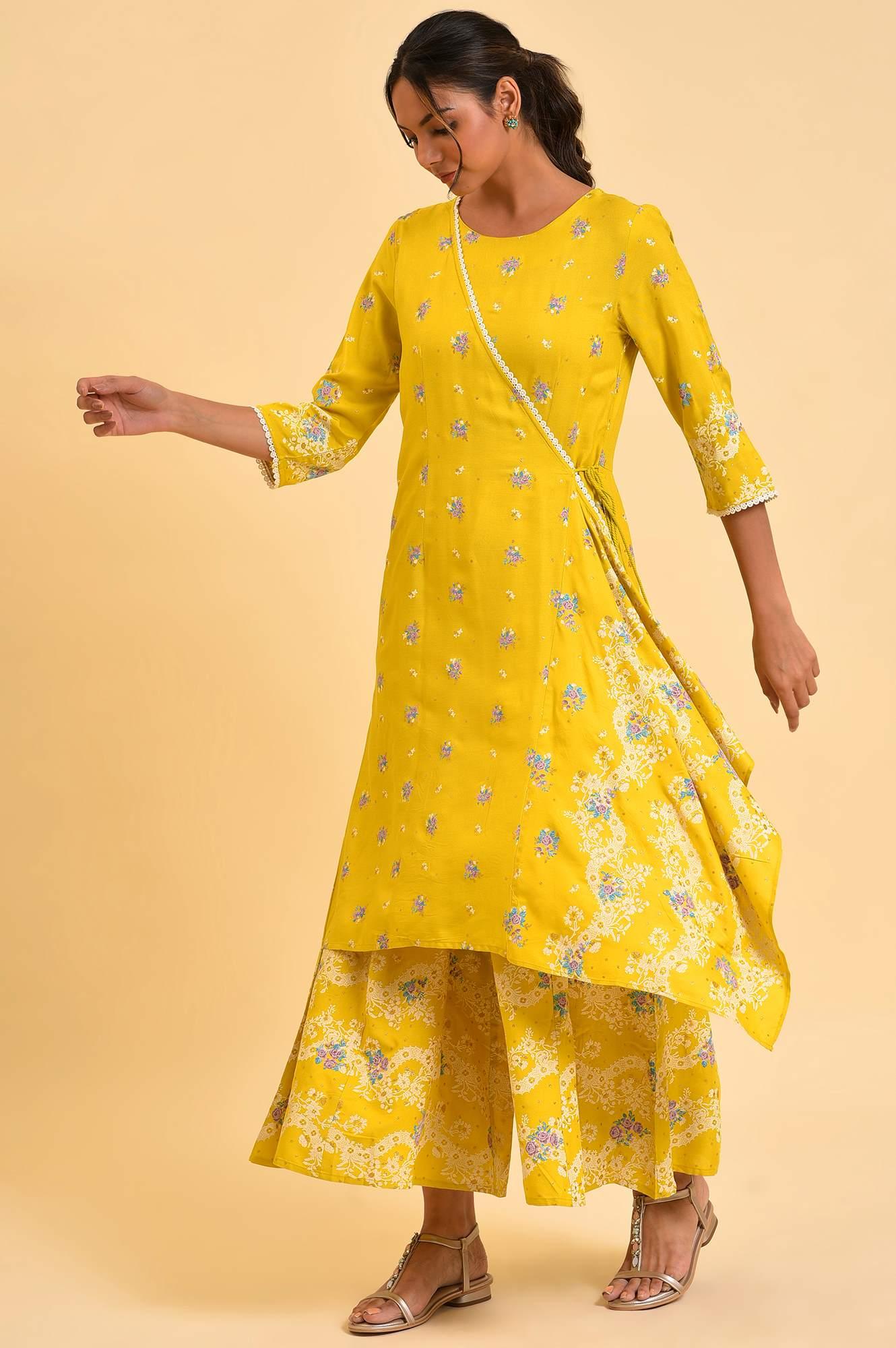 W for Woman Yellow Glitter Printed Angrakha Jumpsuit
