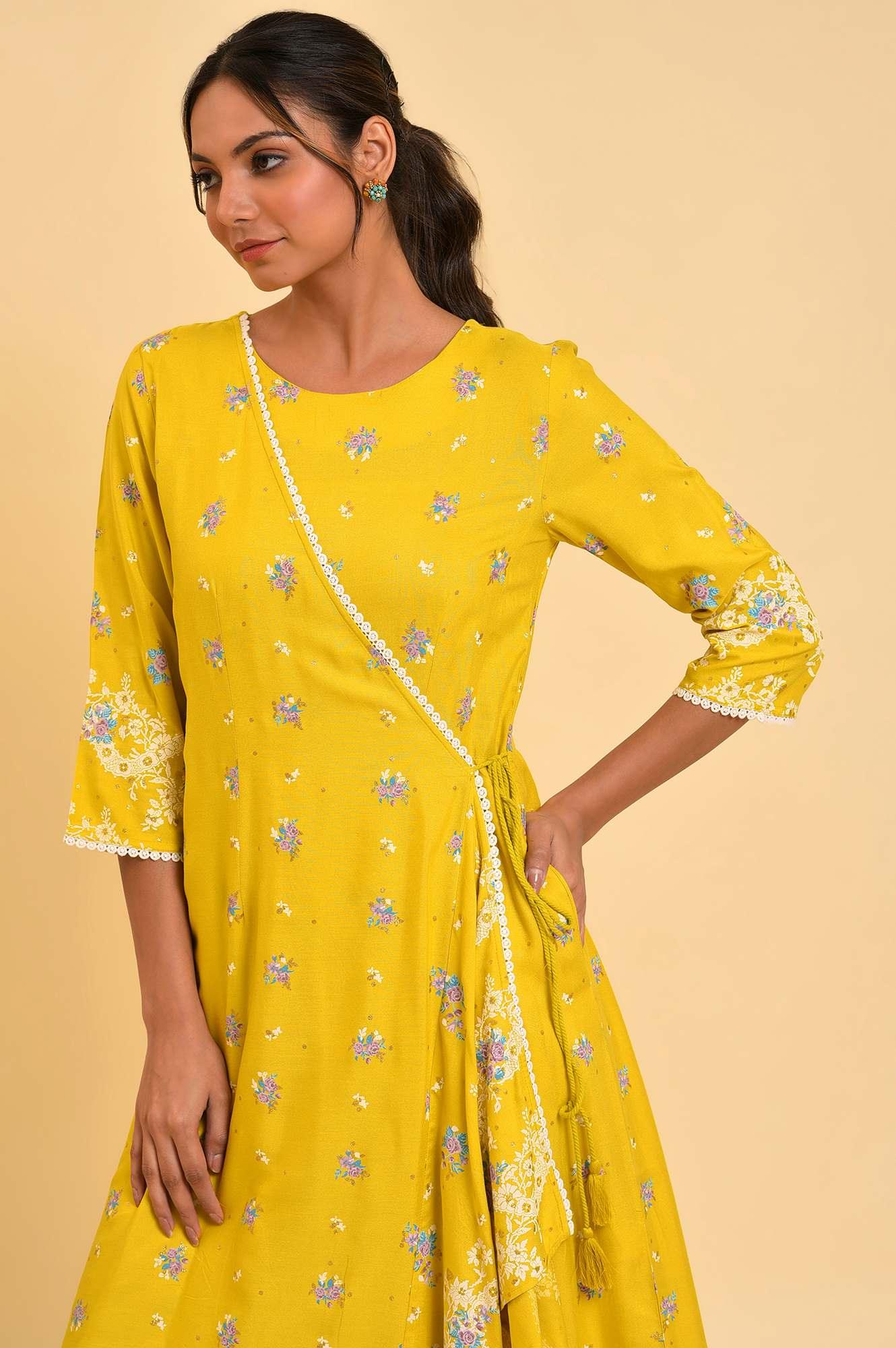 W for Woman Yellow Glitter Printed Angrakha Jumpsuit