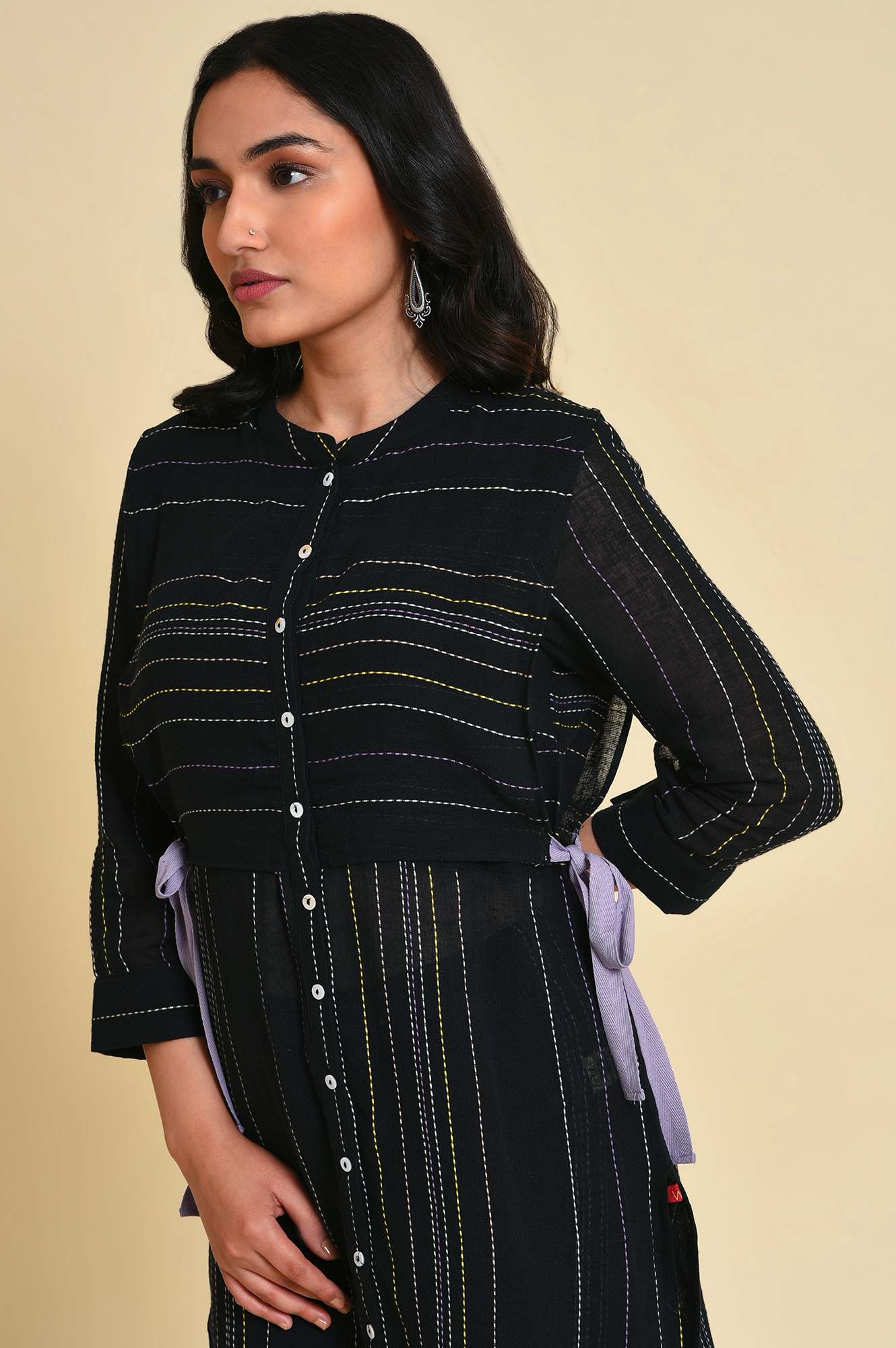 W for Woman Black Abstract Printed Cotton Flax Straight Kurta with Slim Pant Set