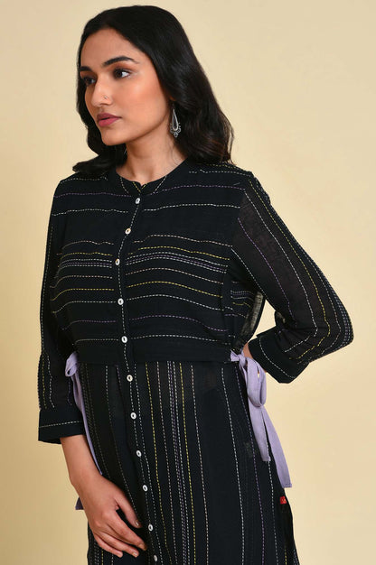 W for Woman Black Abstract Printed Cotton Flax Straight Kurta with Slim Pant Set