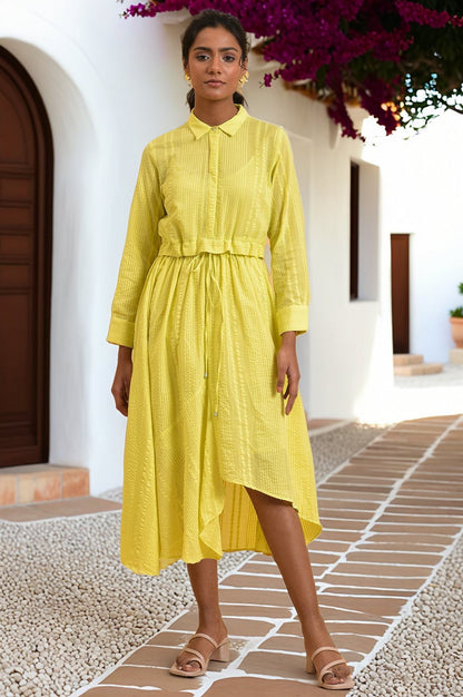 W for Woman Green Gathered Shirt Collar Dress