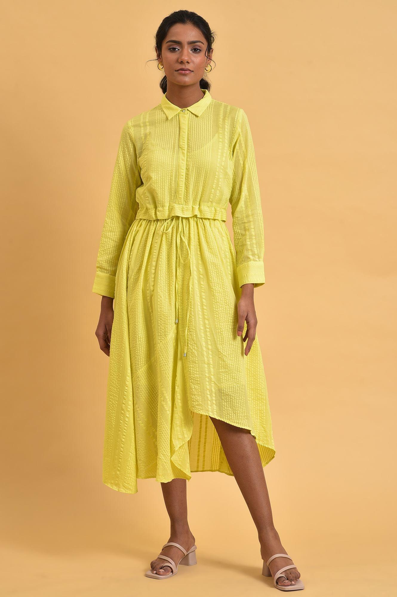 W for Woman Green Gathered Shirt Collar Dress