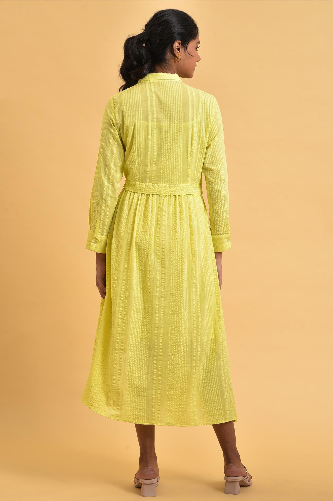 W for Woman Green Gathered Shirt Collar Dress