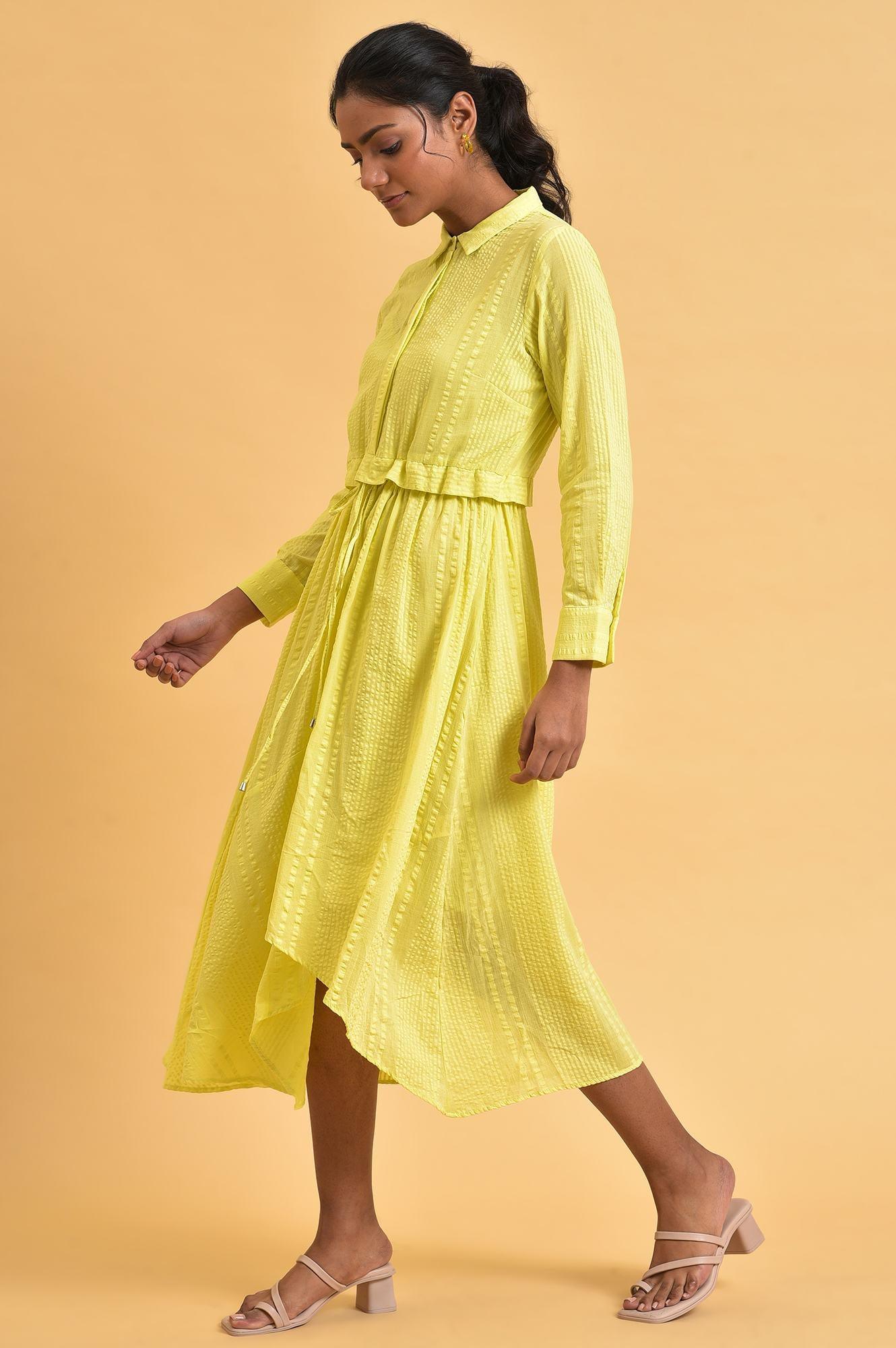 W for Woman Green Gathered Shirt Collar Dress