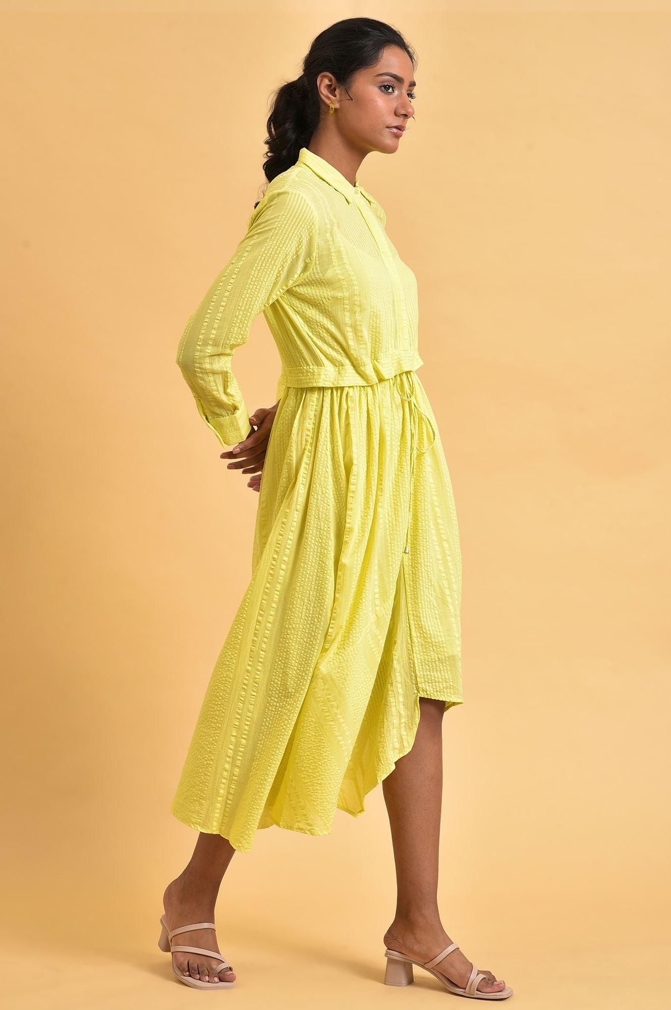 W for Woman Green Gathered Shirt Collar Dress
