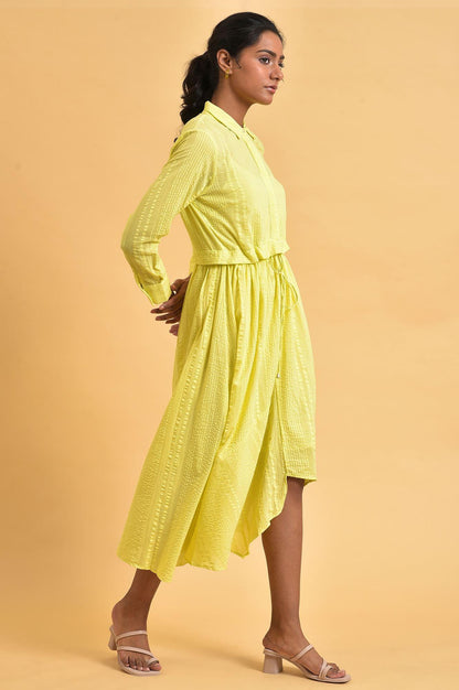 W for Woman Green Gathered Shirt Collar Dress