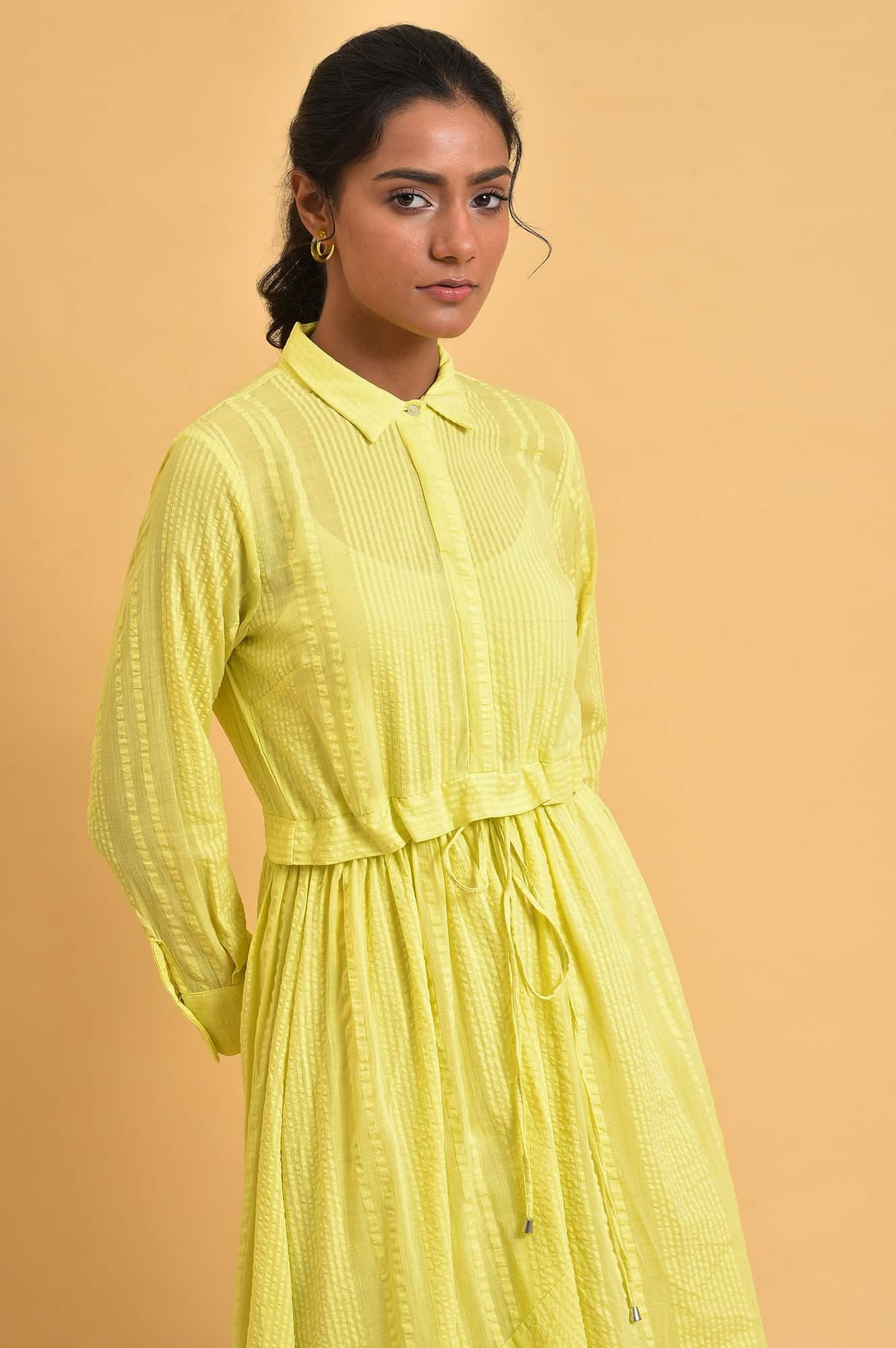 W for Woman Green Gathered Shirt Collar Dress