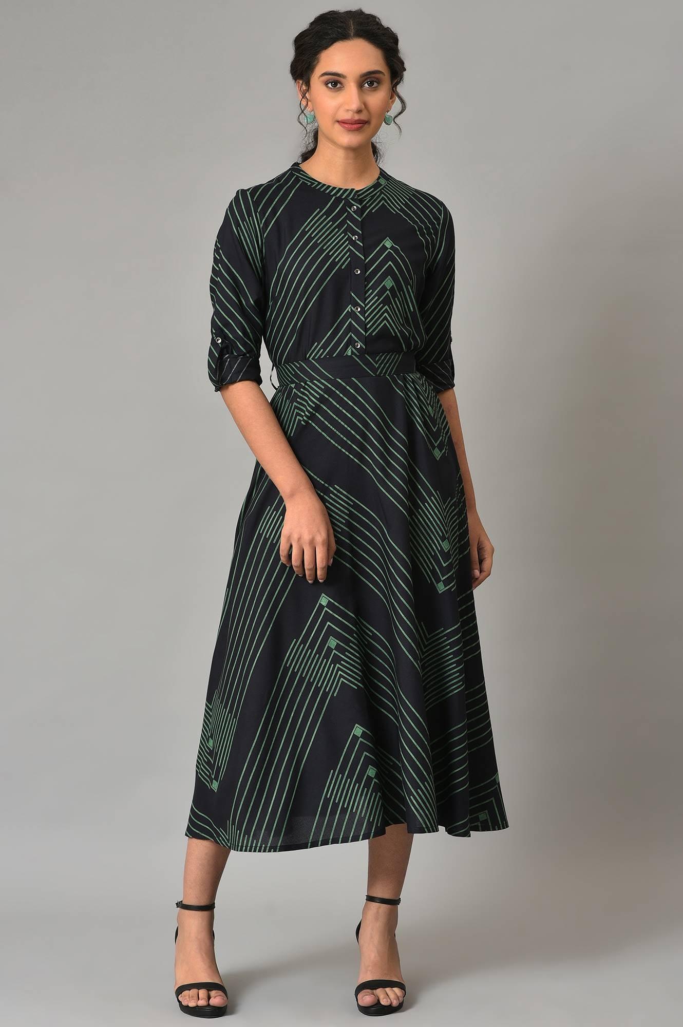 W for Woman Plus Size Black Matrix Printed Circular Shirt Dress With Belt