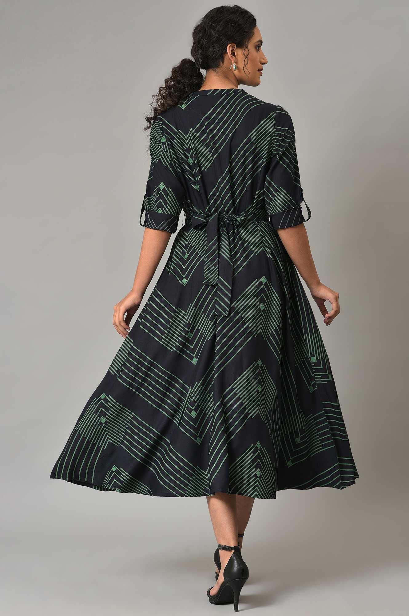 W for Woman Plus Size Black Matrix Printed Circular Shirt Dress With Belt