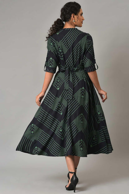 W for Woman Plus Size Black Matrix Printed Circular Shirt Dress With Belt