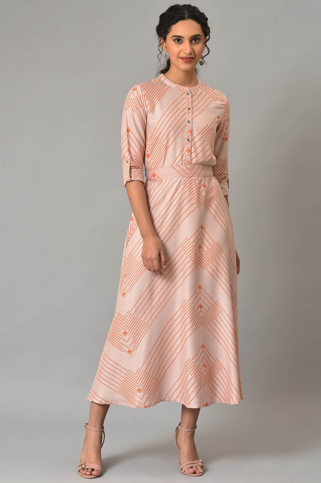 W for Woman Plus Size Pink Matrix Printed Circular Shirt Dress With Belt
