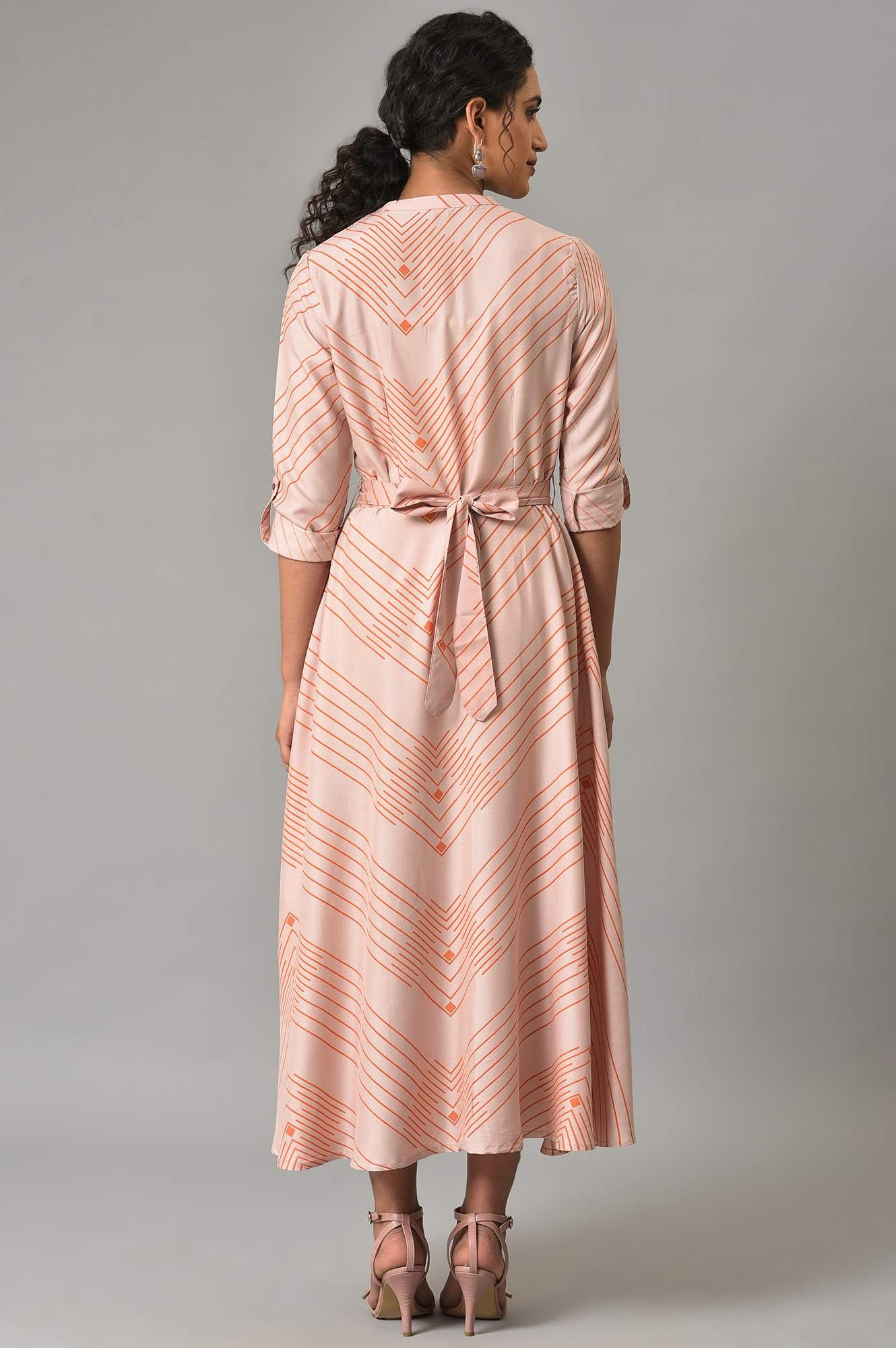 W for Woman Plus Size Pink Matrix Printed Circular Shirt Dress With Belt