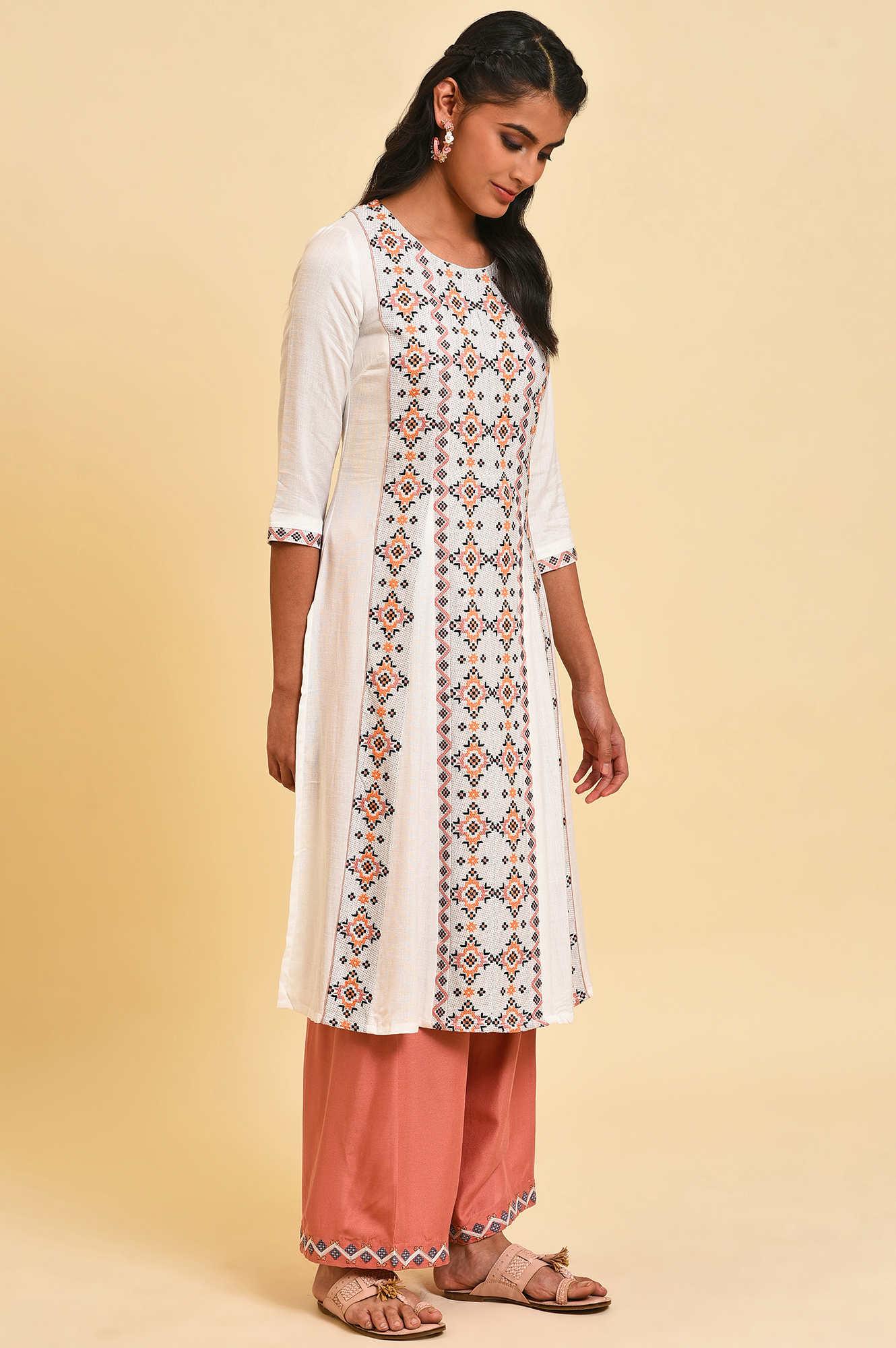 W for Woman Ecru Geometric Print Round Neck Summer kurta