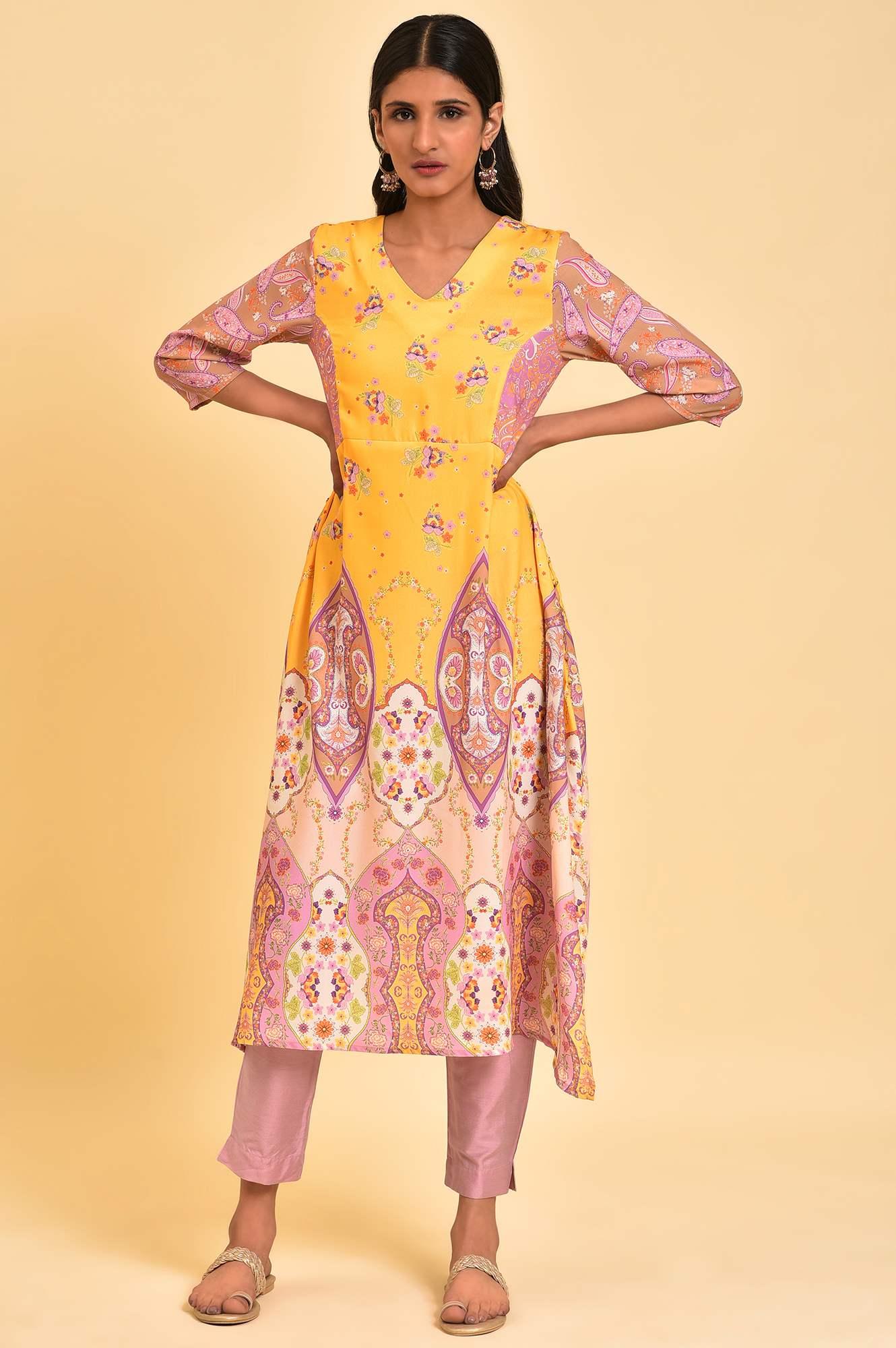 W for Woman Yellow Handkerchief Patterned Cut Placement kurta
