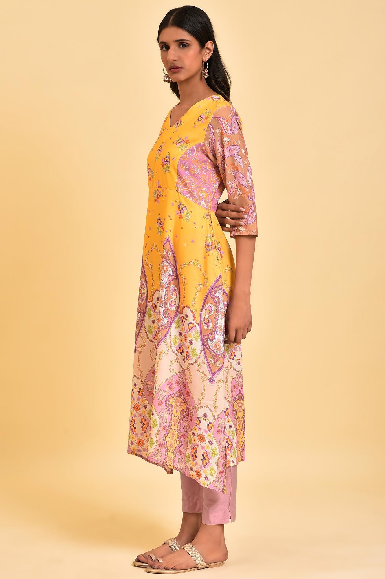 W for Woman Yellow Handkerchief Patterned Cut Placement kurta