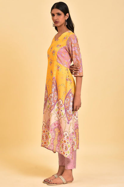 W for Woman Yellow Handkerchief Patterned Cut Placement kurta