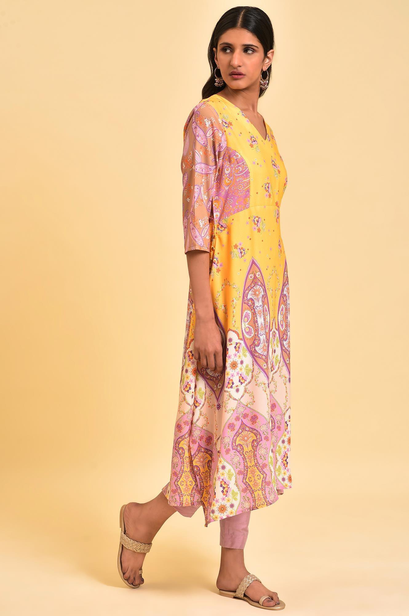 W for Woman Yellow Handkerchief Patterned Cut Placement kurta