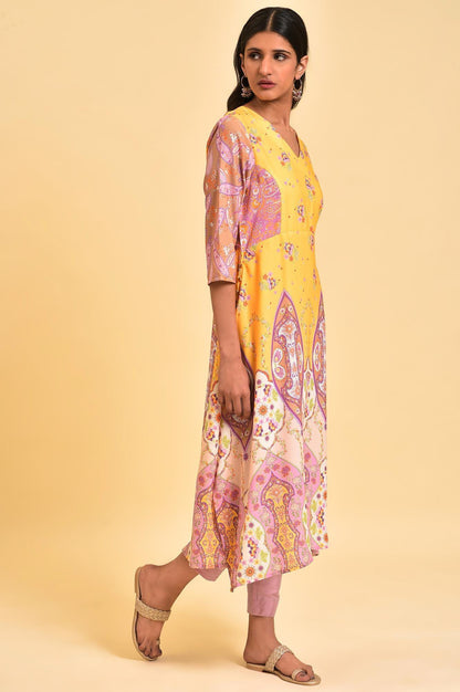 W for Woman Yellow Handkerchief Patterned Cut Placement kurta
