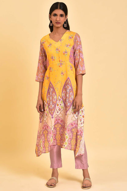 W for Woman Yellow Handkerchief Patterned Cut Placement kurta