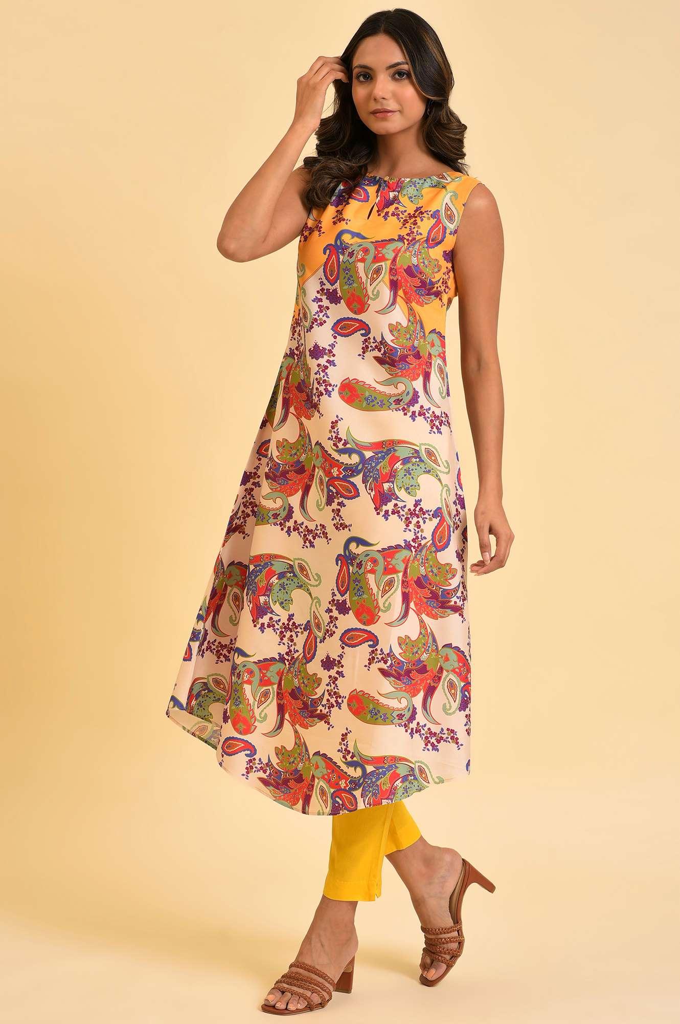 W for Woman Yellow Scarf Patterned Printed kurta
