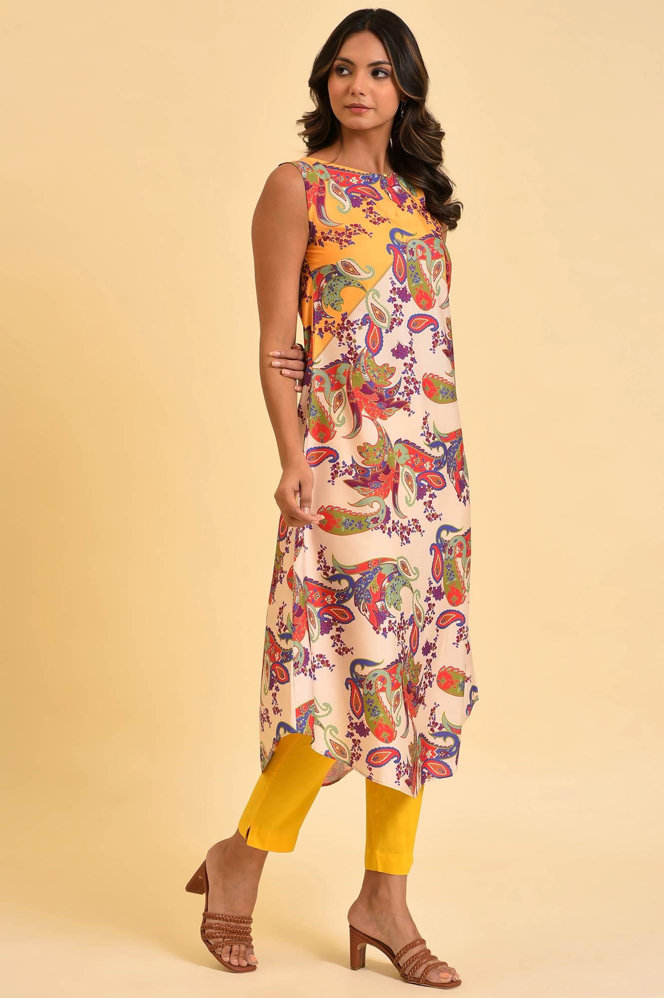 W for Woman Yellow Scarf Patterned Printed kurta
