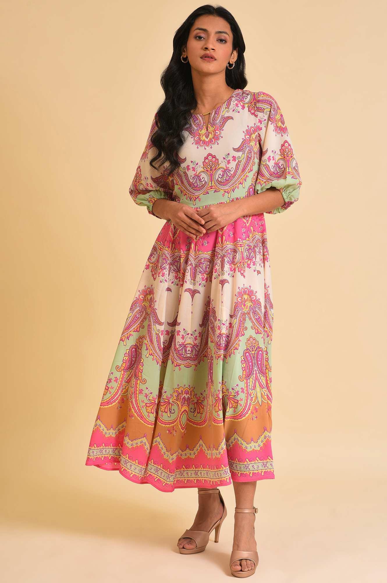 W for Woman Soft Multi-Coloured Paisley Printed Panelled Dress