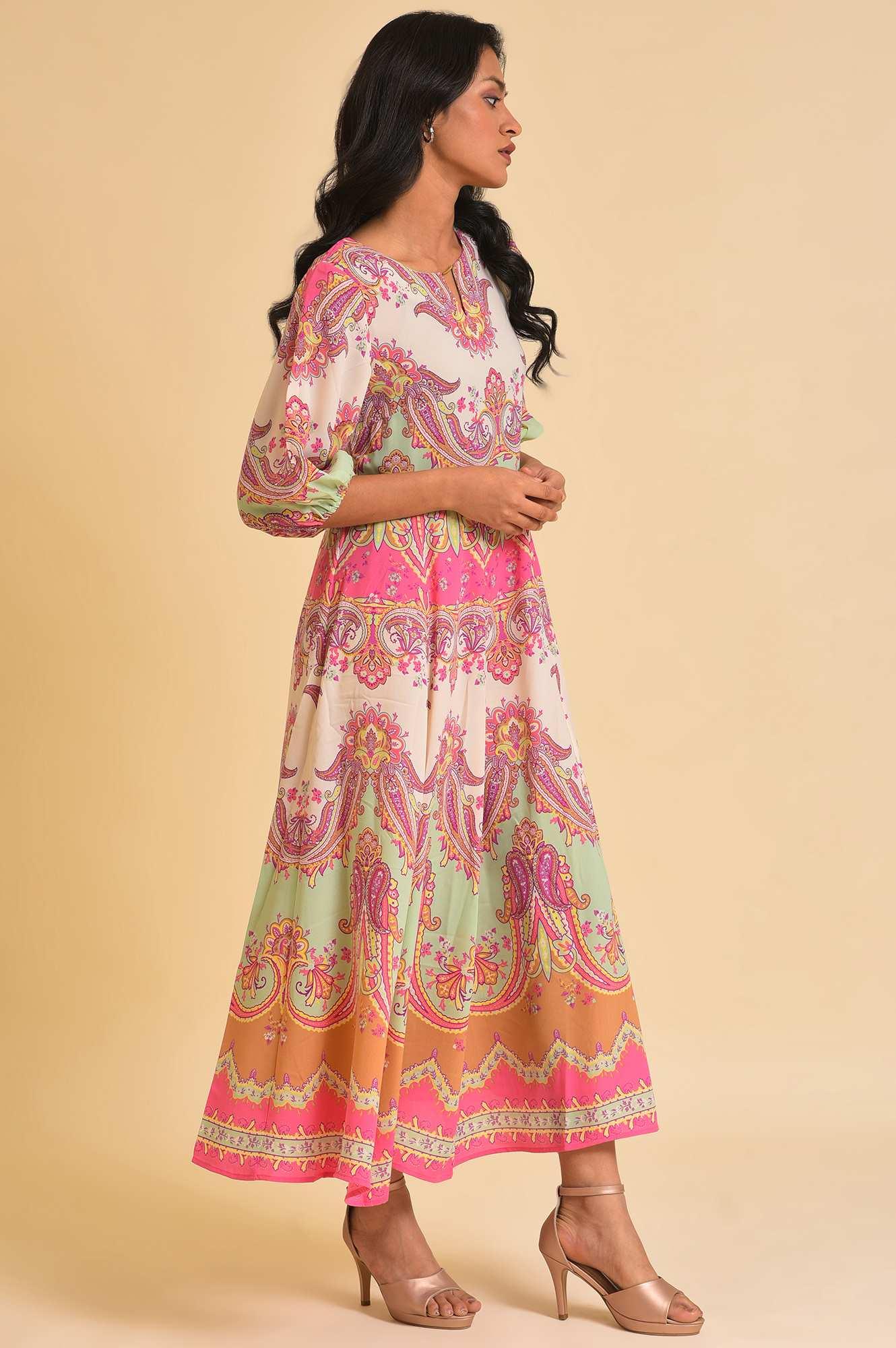 W for Woman Soft Multi-Coloured Paisley Printed Panelled Dress