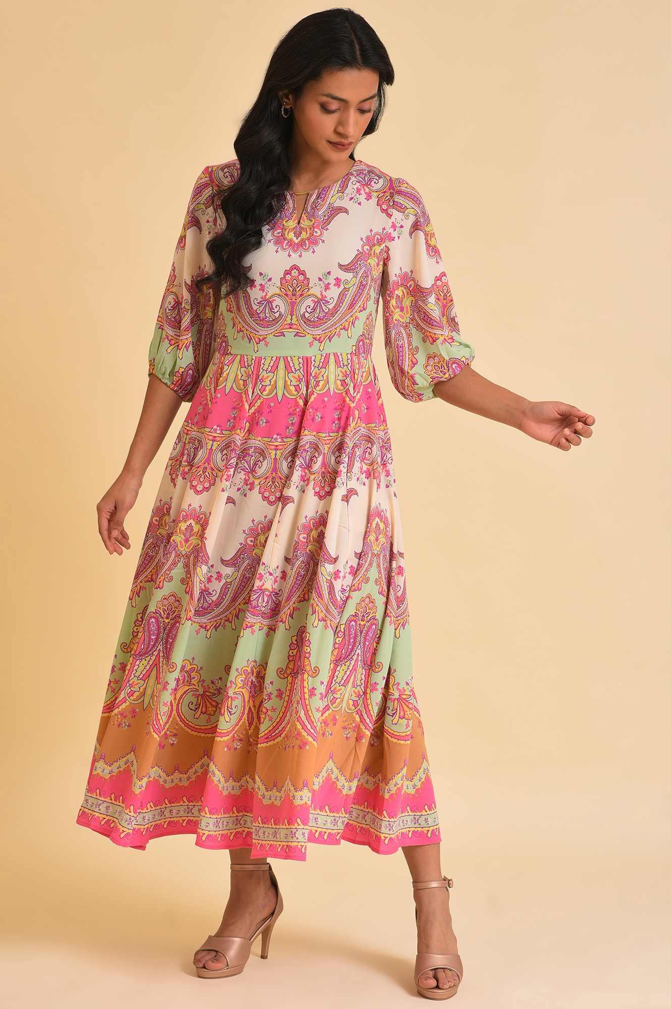 W for Woman Soft Multi-Coloured Paisley Printed Panelled Dress