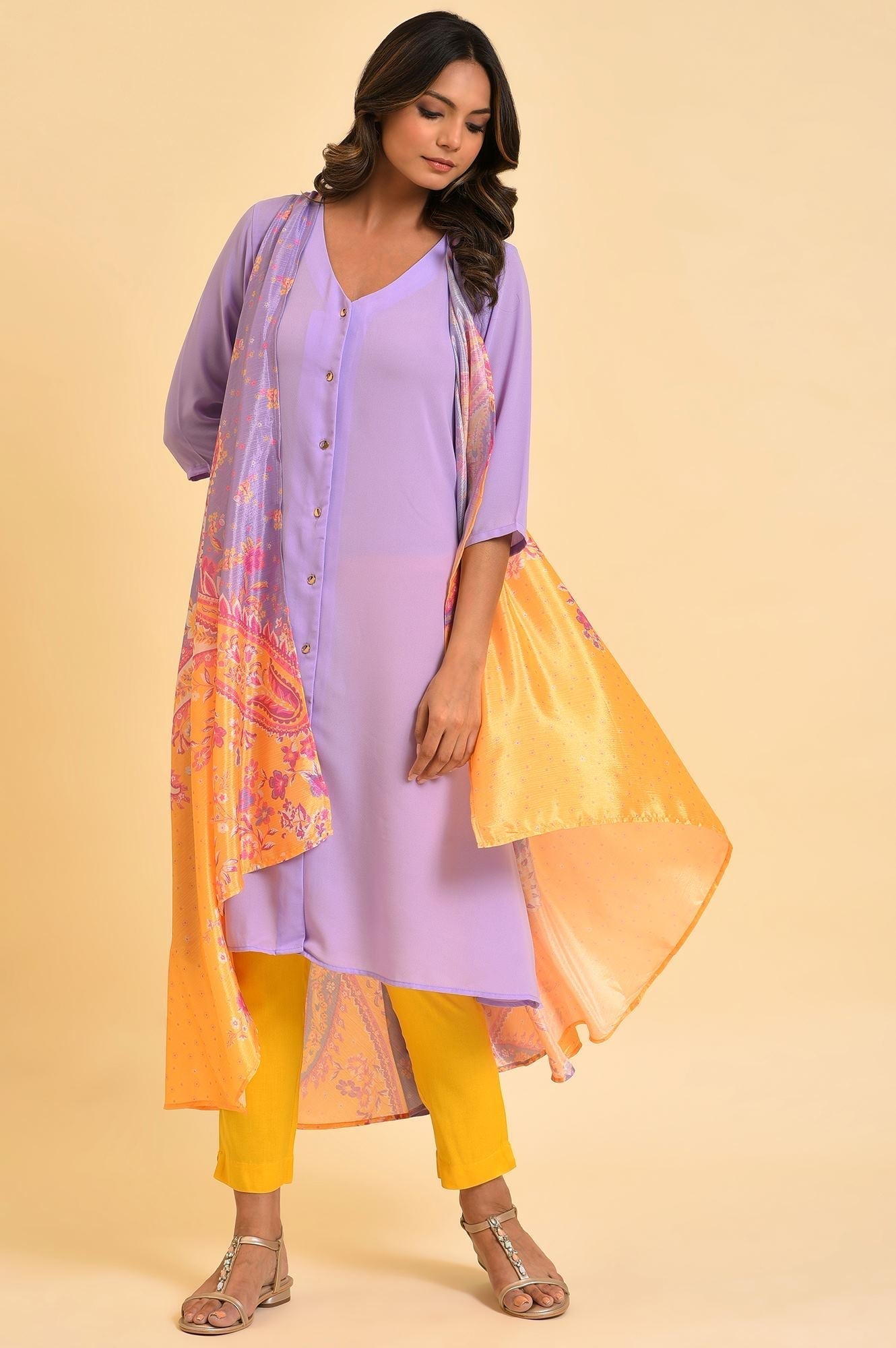 W for Woman Purple Solid kurta With Stitched Drape