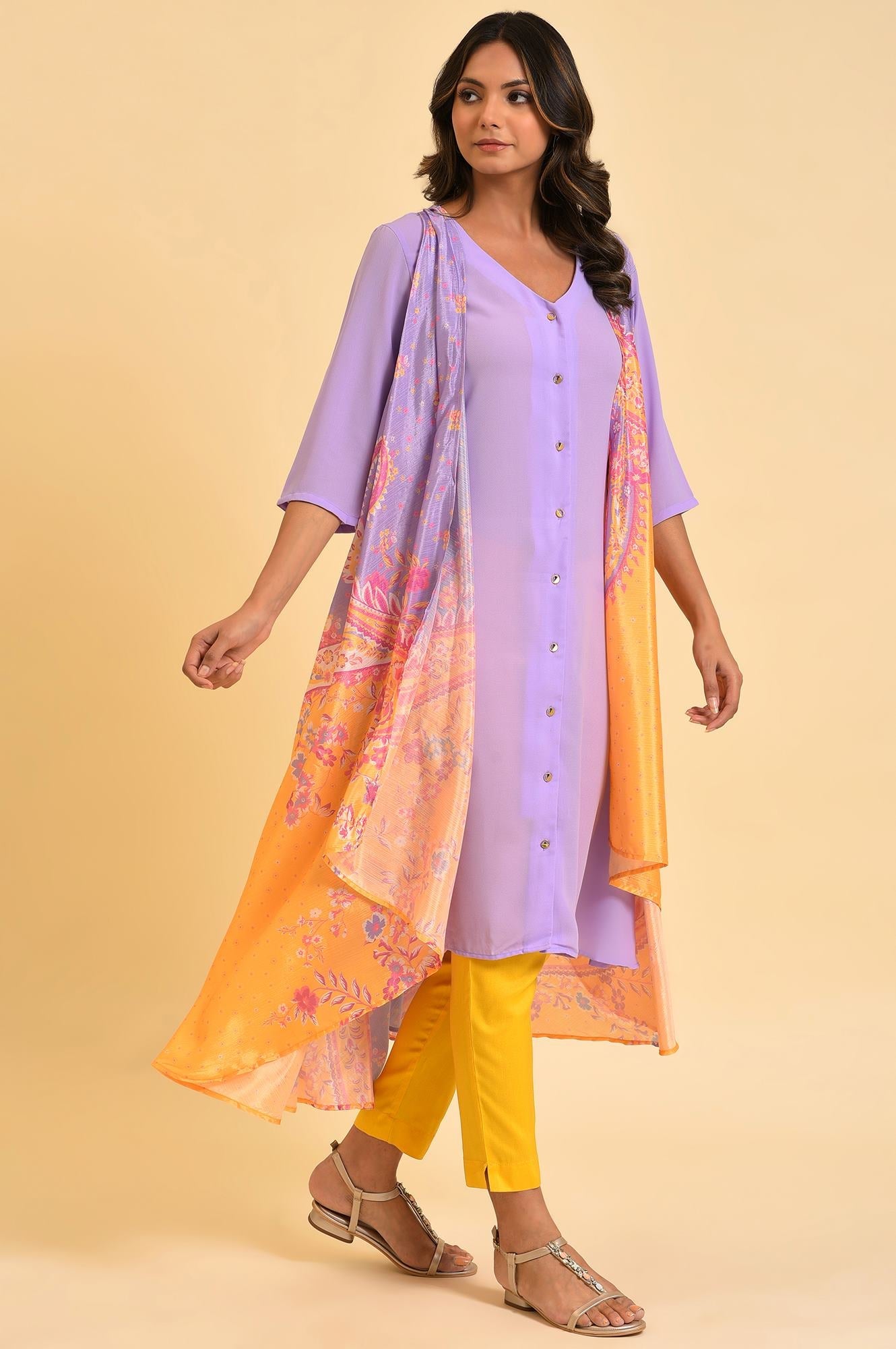 W for Woman Purple Solid kurta With Stitched Drape