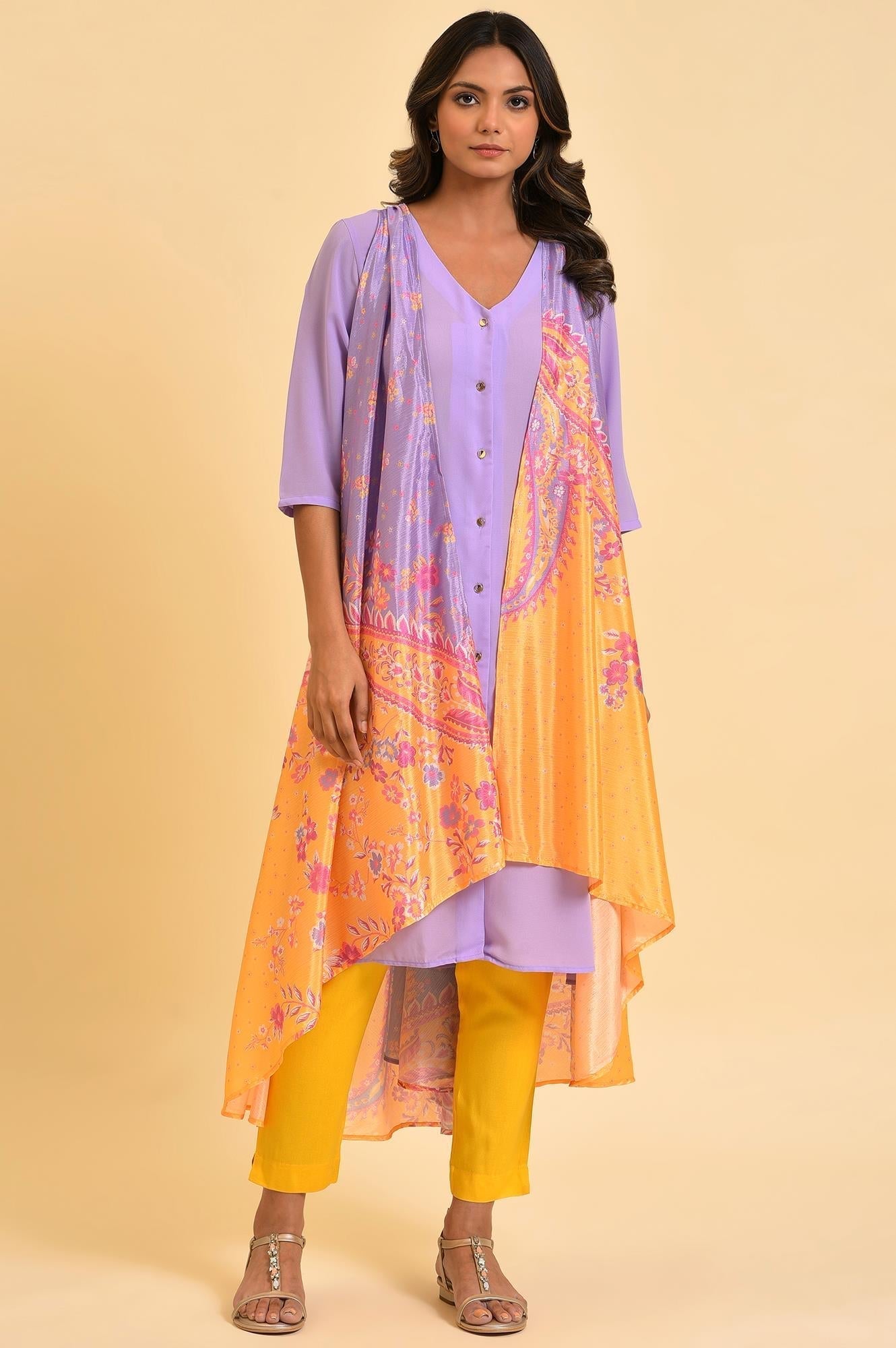 W for Woman Purple Solid kurta With Stitched Drape