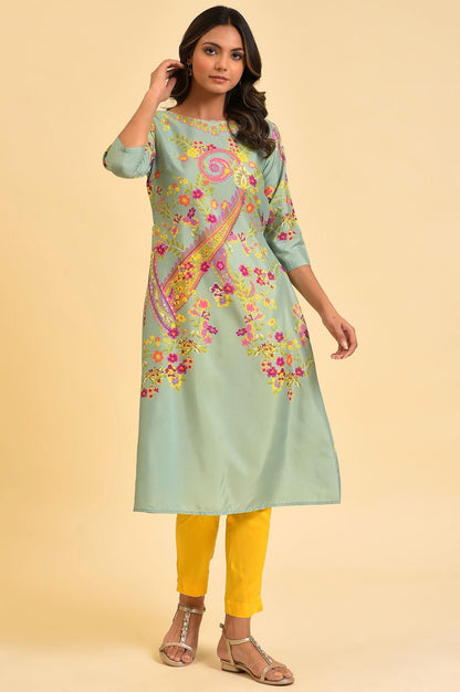 W for Woman Green Printed kurta With Decorative Side Metal Ring